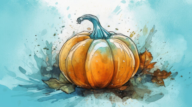 Watercolor painting of a pumpkin in turquoise color tone.