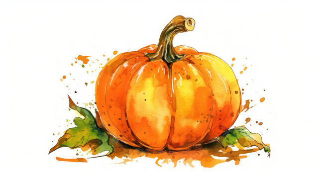 Watercolor painting of a pumpkin in dark orange color tone.