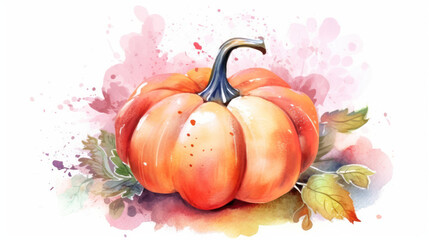 Watercolor painting of a pumpkin in light red color tone.