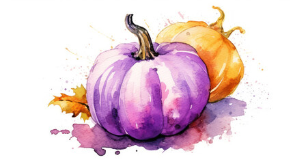 Watercolor painting of a pumpkin in light purple color tone.