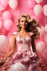 Create a fun and lively portrait with a Barbie theme, set against a bubblegum pink backdrop. 