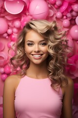 Obraz na płótnie Canvas A fun and lively portrait with a Barbie theme, set against a bubblegum pink backdrop. Beaming smile and her exuberant energy.