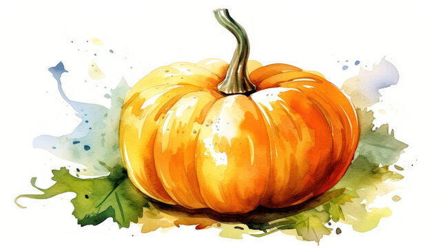 Watercolor painting of a pumpkin in vivid brown color tone.
