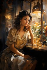 An elegant ebony woman amidst a cozy Parisian cafe, Radiating sophistication and grace, The atmosphere resonates with French charm and warmth.