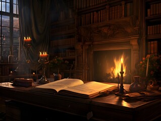 A cozy, dimly lit study. An antique wooden desk covered in books and a flickering candle.  The room is filled with the scent of old leather-bound books.  - obrazy, fototapety, plakaty