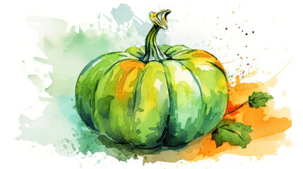 Watercolor painting of a pumpkin in vivid green color tone.