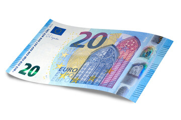 European Union's Euro cash banknote, with a face value of twenty euros isolated on white with shadow. 20 euro - obrazy, fototapety, plakaty