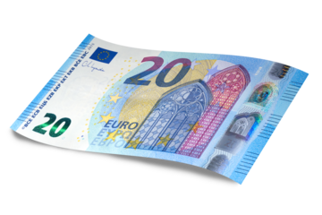 European Union's Euro cash banknote, with a face value of twenty euros isolated on white with shadow. 20 euro