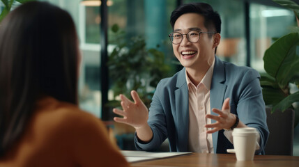 Asian businessman wearing glasses, smiling and waving at his colleague