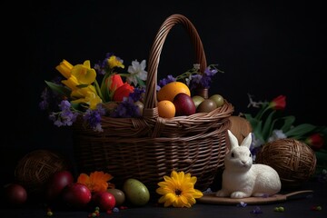 Obraz na płótnie Canvas Easter eggs, rabbit, wicker basket, spring flowers, dark background, Easter card, poster. Generative AI