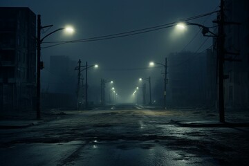 A lonely and unsettling deserted street with flickering streetlights. Generative AI - obrazy, fototapety, plakaty