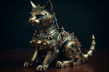 Surreal vintage-style mechanical cat with steampunk aesthetics. Generative AI