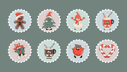 A set of Christmas postage stamps, stickers in the style of a groovy with retro style characters. Merry Christmas and Happy New Year.