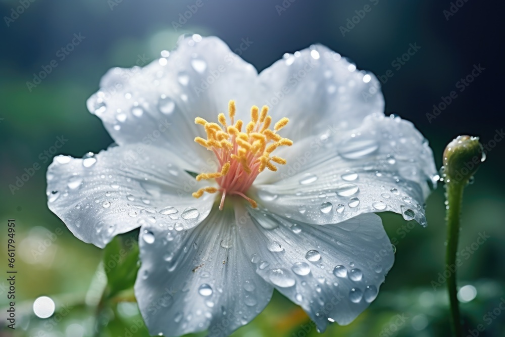 Poster a beautiful white flower with glistening water droplets. perfect for adding a touch of freshness and