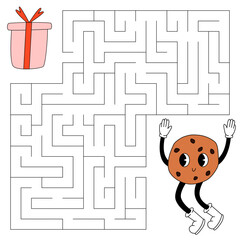 Maze game for kids. Cute groovy cookie with pieces of chocolate looking for a way to the gift box. Thanksgiving day, autumn vibe, christmas. Printable worksheet with solution for school and preschool.