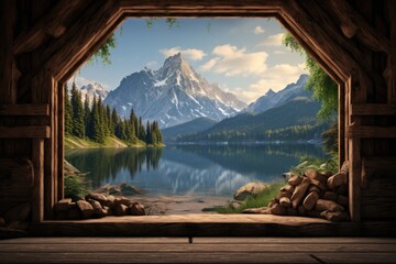 A picturesque view of a mountain lake seen through a window. Perfect for adding a touch of nature to any space.