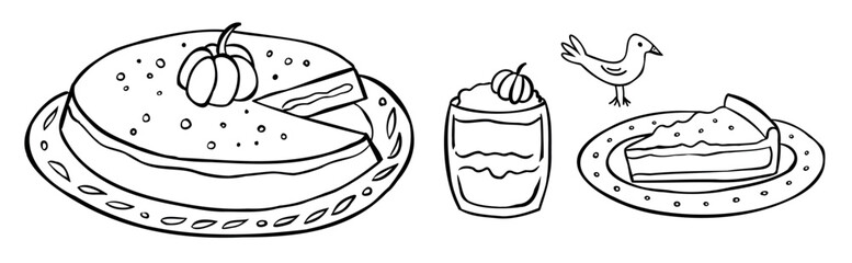 Outline drawing of pumpkin pie, cup of coffee, piece of pie, bird on a white background. Autumn Thanksgiving food. Vector illustration. Perfect for autumn menu, coloring book, greeting card, print.