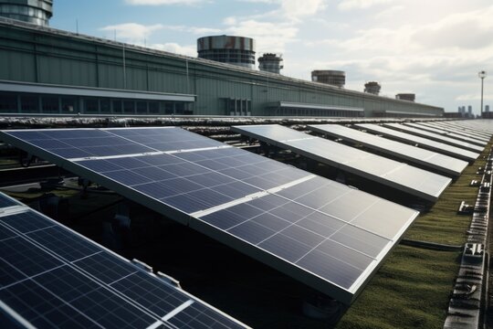 A picture of rows of solar panels installed on the roof of a building. This image can be used to illustrate renewable energy, sustainability, and eco-friendly practices.