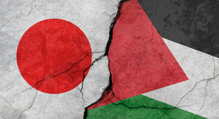 Flags of Japan and Palestine, texture of concrete wall with cracks, grunge background, concept of military conflict