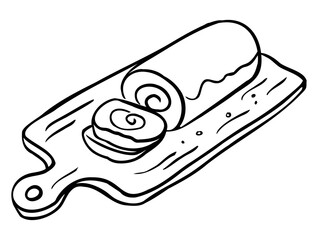 Hand drawn swiss roll in outline style isolated on a white background. Vector illustration. Perfect for menu, coloring book, greeting card, print.