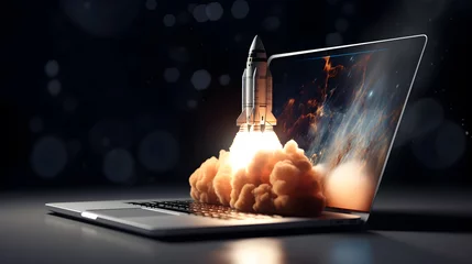 Fotobehang Rocket Takes off From the Laptop Screen on dark background Business Development, Boosting Concept. © Muhammad