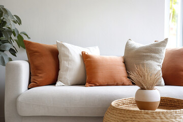 Fototapeta na wymiar Close up of wicker round accent coffee table near grey sofa with terra cotta pillows against white wall with copy space. Scandinavian home interior design of modern living room.
