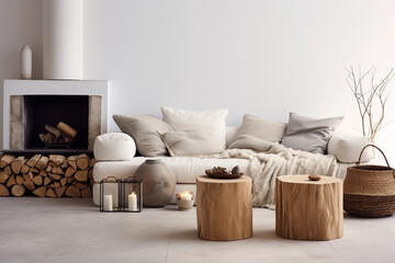 Tree stump accent coffee tables. White sofa by fireplace against blank wall with copy space. Nomadic, rustic, farmhouse home interior design of modern living room.