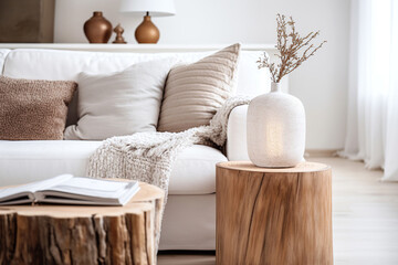 Fototapeta na wymiar Close up of decorative vase on tree stump accent coffee table against white sofa with beige cushions and knitted blanket. Scandinavian, minimalist home interior design of modern living room.