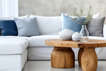 Close up of accent wood coffee table near white sofa with blue and grey pillows. Minimalist home interior design of modern living room. - obrazy, fototapety, plakaty