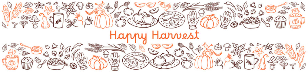 Happy Harvest long banner - pumpkin, leaves, nuts, spices, hot drink, raspberries, mushrooms, apples, pear. Vector illustration. Perfect for autumn menu, coloring book, greeting card, print.