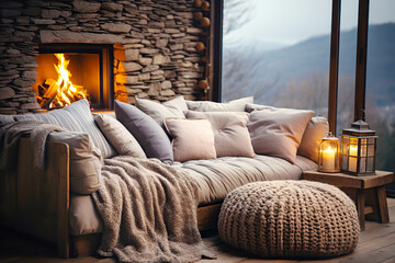 Knitted pouf near sofa by fireplace against big window with mountain view. Scandinavian home interior design of modern living room in chalet. Warm and inviting autumn atmosphere.