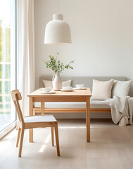 Dining table and one chair against grey sofa. Scandinavian home interior design of modern dining room.