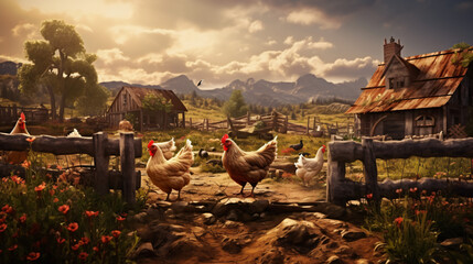 Chicken countryside farm rural - obrazy, fototapety, plakaty