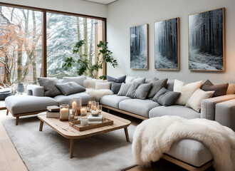 Cozy grey corner sofa with many pillows and fur blankets. Warm and inviting winter atmosphere. Nordic, scandinavian home interior design of modern living room in house in forest.