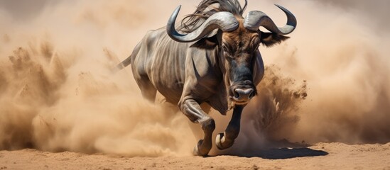Running in dust blue wildebeest in South Africa s Kalahari desert With copyspace for text - obrazy, fototapety, plakaty
