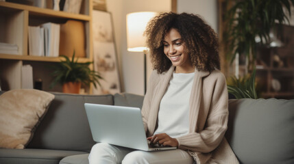 Smiling woman wear sweater and sit on sofa at home while using her laptop
