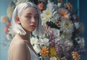 Girl with white hair on white floral background. Lady with short silver hair with flower bouquet. Generate ai