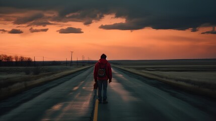Fototapeta na wymiar In a post-apocalyptic world, a lone wanderer stands on a desolate highway.