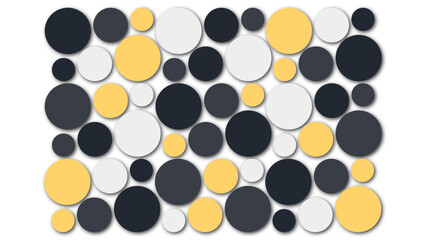 Background with a collection of circles of various sizes colored yellow, white, black, gray, and has shadows.