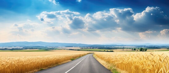 Rural road surrounded by wheat fields With copyspace for text