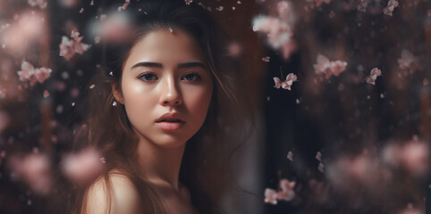 Beautiful woman among  falling petal rose with a good and moisture skin , spa and beauty concept . - obrazy, fototapety, plakaty