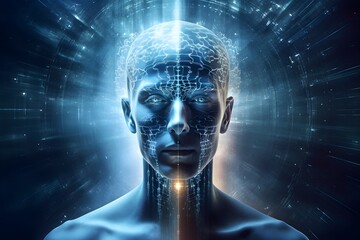 Artificial Intelligence in the image of a man in virtual reality.  AI-generated image