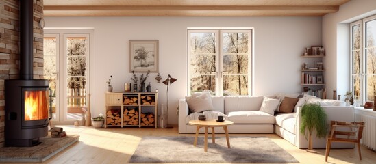 Rural house spacious layout with fireplace for winter With copyspace for text - obrazy, fototapety, plakaty