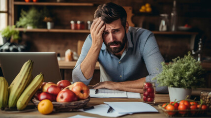 Man upset headache depressed from cost of living got higher from inflation of grocery price by supermarket - obrazy, fototapety, plakaty