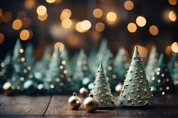 Christmas tree decorations on a wooden table with bokeh background. A Cozy Spring Green Christmas Background with Bokeh Lights and Christmas Tree