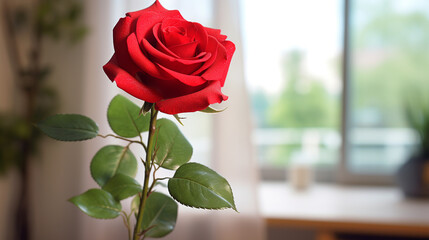 beautiful single red rose with green stem and leaves in a well lit room