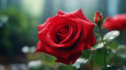 beautiful one red rose and one unbloomed close-up with water drops on petals with green stem and leaves in well lit room