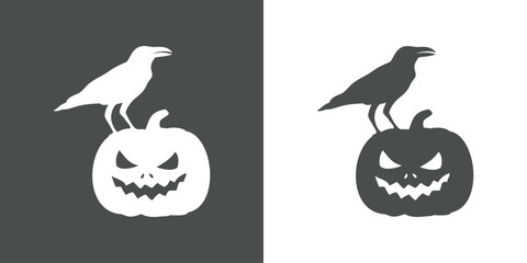 Logo con silueta de cuervo negro en calabaza de Halloween Jack O Lantern para su uso en invitaciones y tarjetas - obrazy, fototapety, plakaty