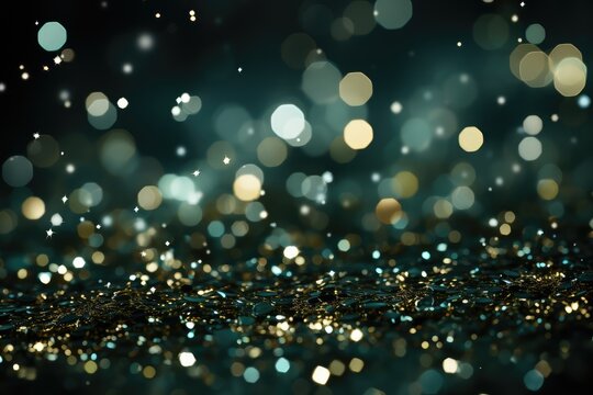 glitter vintage lights background. gold, blue and green. de-focused. spring green Glitter Background for Christmas or Special Occasion