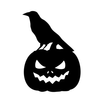 Logo con silueta de cuervo negro en calabaza de Halloween Jack O Lantern para su uso en invitaciones y tarjetas